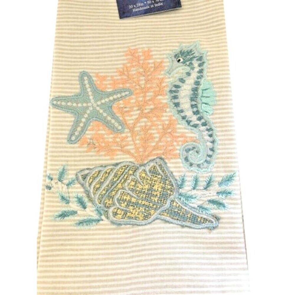 Nautical Embroidered Kitchen Dish Towels Set of 2 Starfish Seahorse 100% Cotton